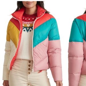Marine layer Big Sky Colorblock Chevron Down Puffer Jacket.